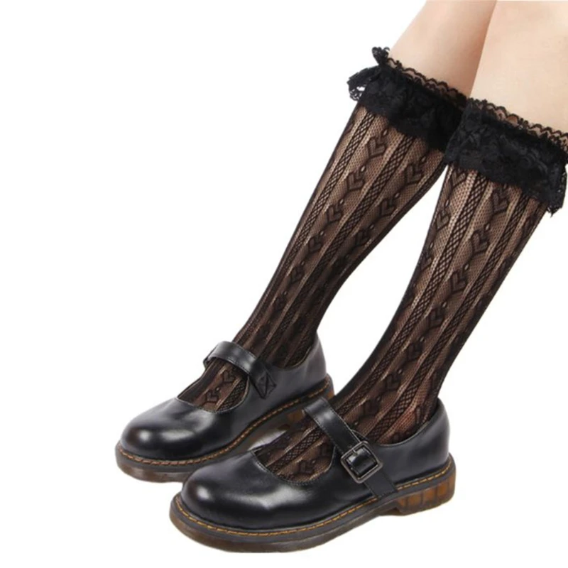 

Women's Sweet Lolita Calf Socks Janpanese Style Lace Edge Stockings Female Hosiery with Love-Hearted for Mini-Skirt