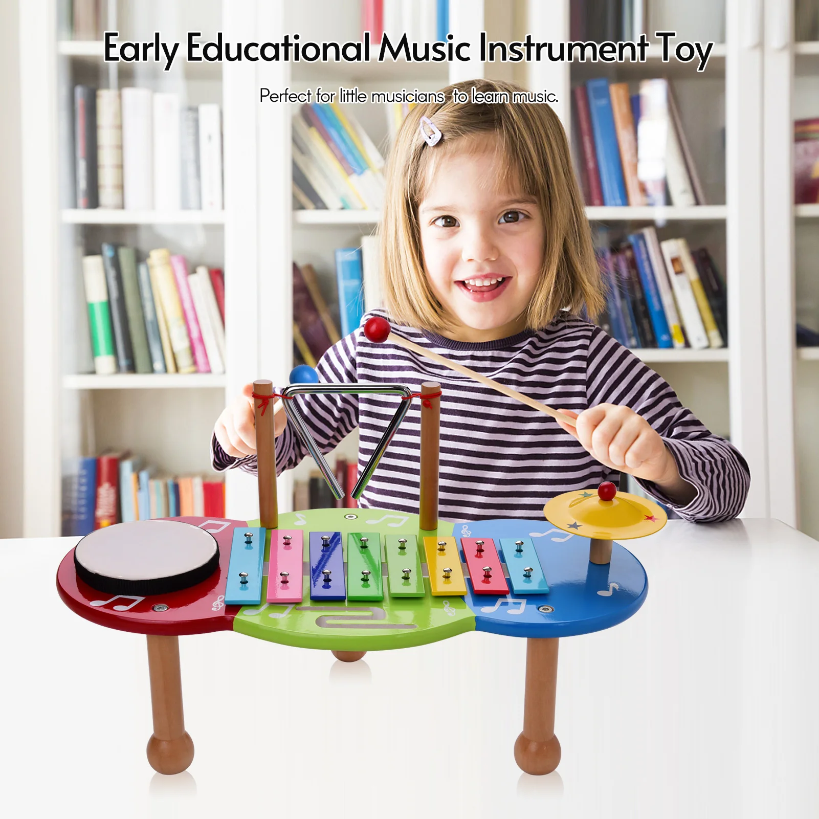 

Muslady Kids Percussion Instrument Set Percussion Drum + Iron Cymbal + Xylophone + Triangle Set Colorful Table Musical Toy