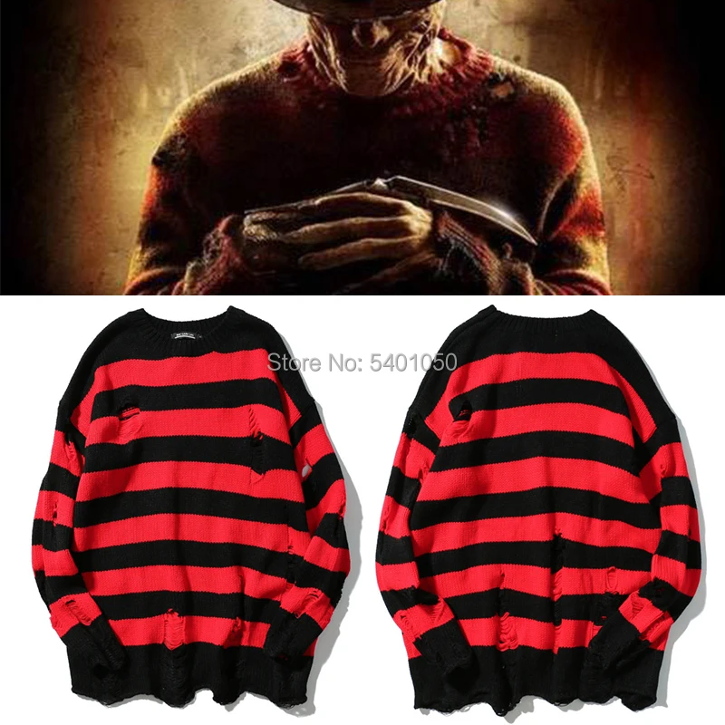 

A Nightmare on Elm Street Freddy Cosplay Costume sweater Black Red Striped Hole Knit Sweaters