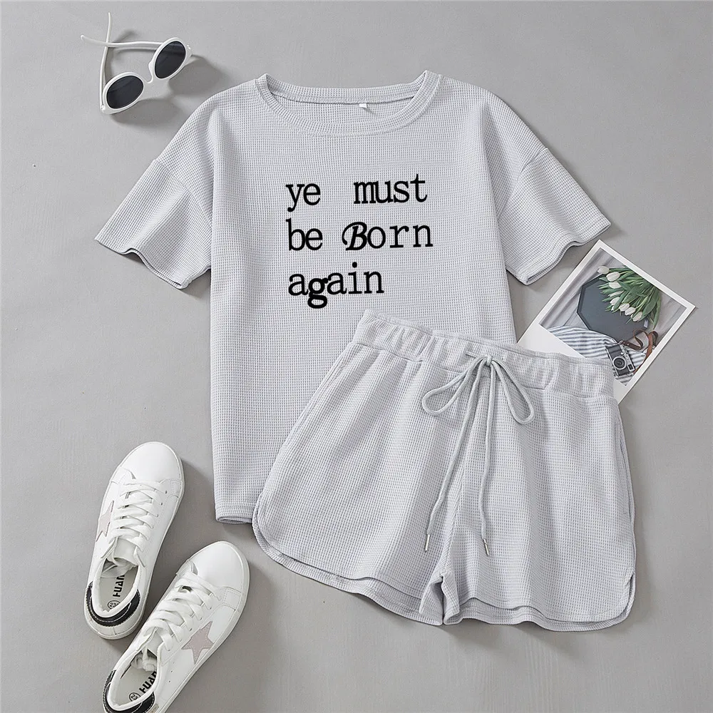 

Two Piece Short Set for Women Sports Wear Girl Tracksuits Home Suit Female Soft Aesthetic Letter Printed Pullover T-Shirt Shorts