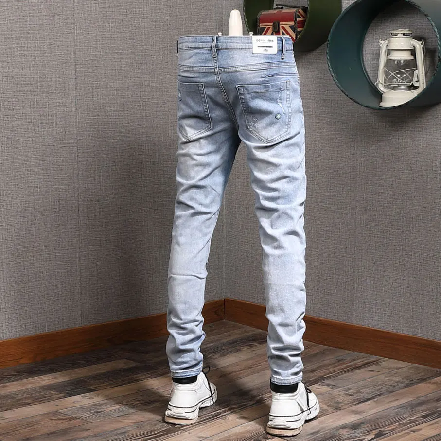 Korean Style Fashion Men Jeans Retro Light Blue Elastic Slim Fit Destroyed Ripped Jeans Men Streetwear Denim Punk Pencil Pants