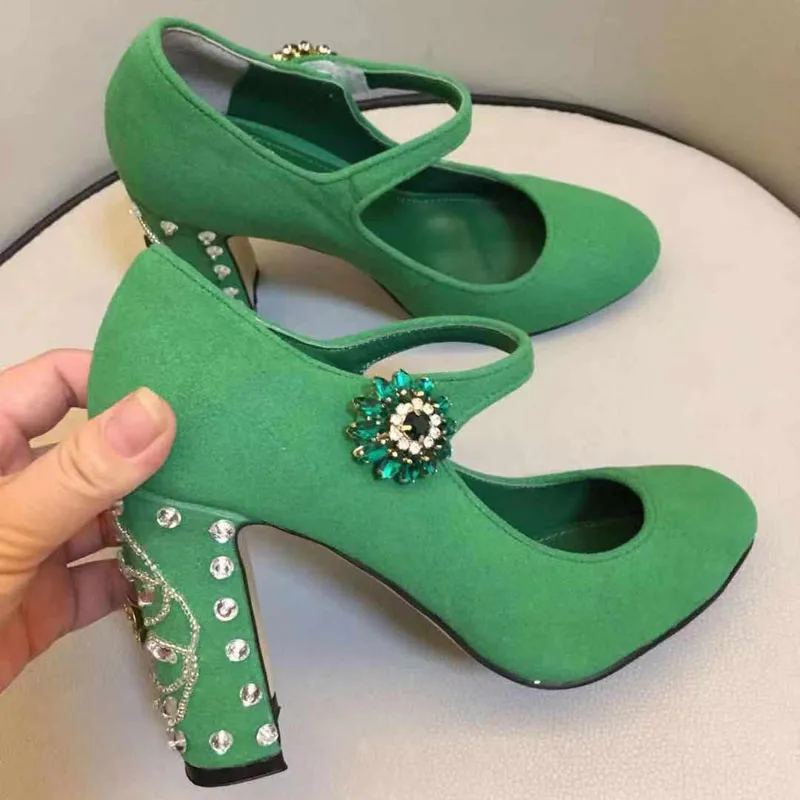 Зеленый как газон Женские модельные туфли mary jane с круглым носком на каблуке, Украшенные бусинами, цветами и пуговицами; Цвет Зеленый - Цвет: Зеленый как газон