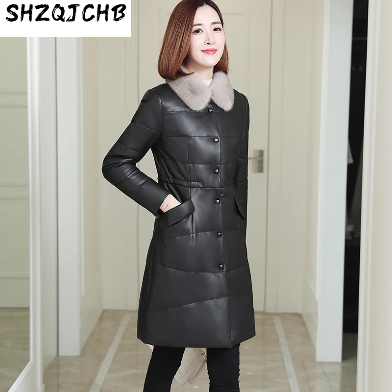 

SHZQ новая кожаная пуховая куртка, женское среднее и длинное меховое пальто из овчины, меховое пальто с норковым воротником