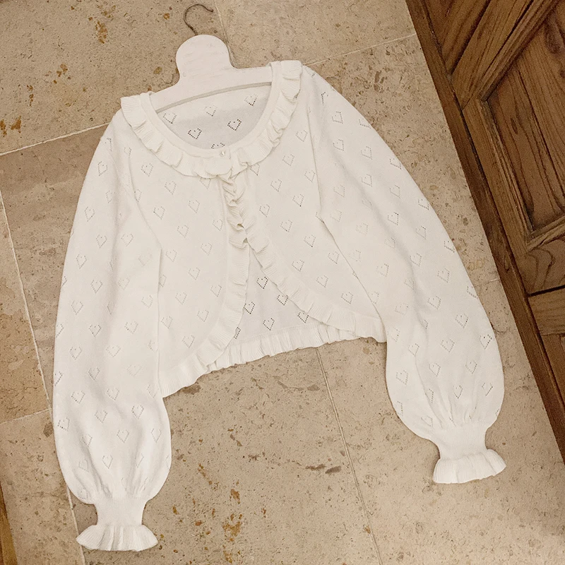 Cute Hollow Heart Girls Cardigan Women Kawaii White Short Knitted Sweater Korean Pearl Button Aesthetic Long Sleeve Crop Tops images - 6