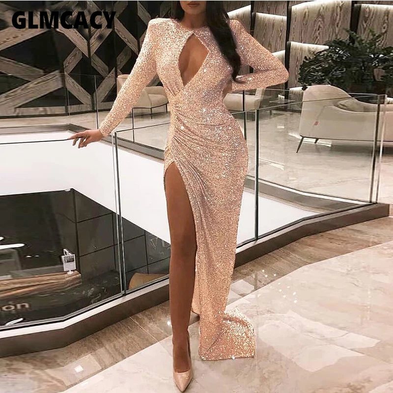 Для женщин блестками вырезать грудь высокий разрез Ruched Bodycon платье длиной до пола элегантный ночное Клубное вечерние тонкий Vestido