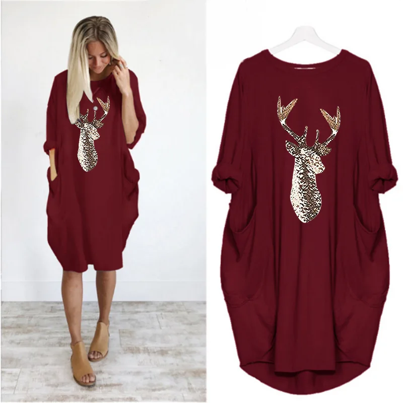 Large Size Women Casual Dresses Fashion O Neck Long Sleeve Chrismess Elk Printed Pocket Autumn Winter Loose T-shirt Dress Female | Женская