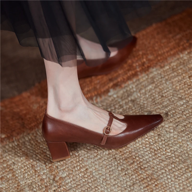 

VERCONAS Spring Female Concise Retort T-Strap Women Pumps High Quality Genuine Leather Thick Heels Shoes Woman New Office Lady