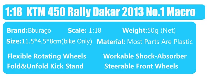 1/18 весы Bburago KTM 450 Rally 2013 rider № 1 макро напитка red bull от производителя гоночных Мотокросс Мотоцикл игрушечные машинки модели