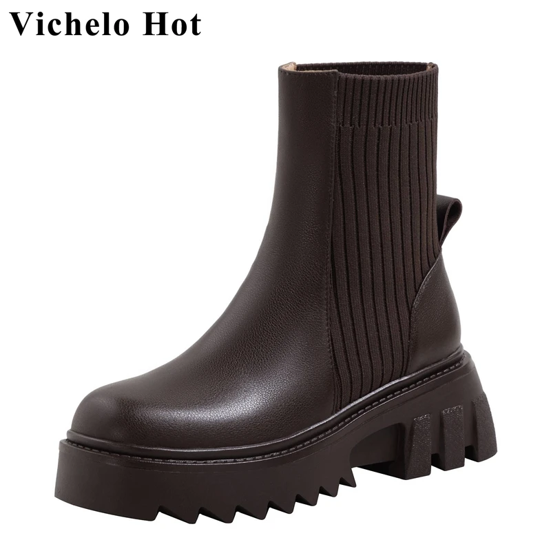 

Vichelo Hot sock boots genuine leather round toe waterproof thick bottom high heels winter slip on preppy style ankle boots l81