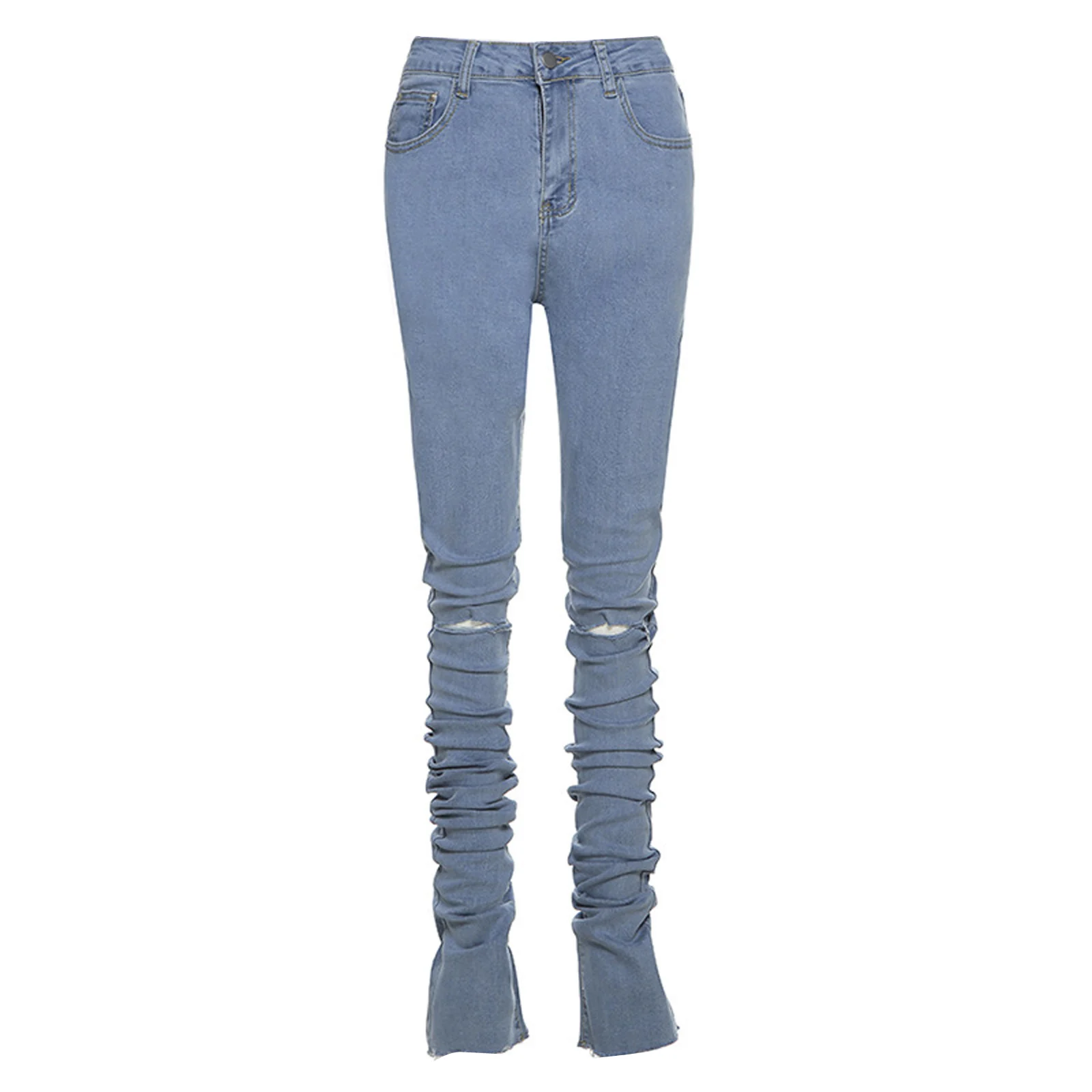 

New Arrival Stylish Womens Korean Slim Fit Jeans Fashion Solid Color High-waist Ripped Skinny Denim Trousers