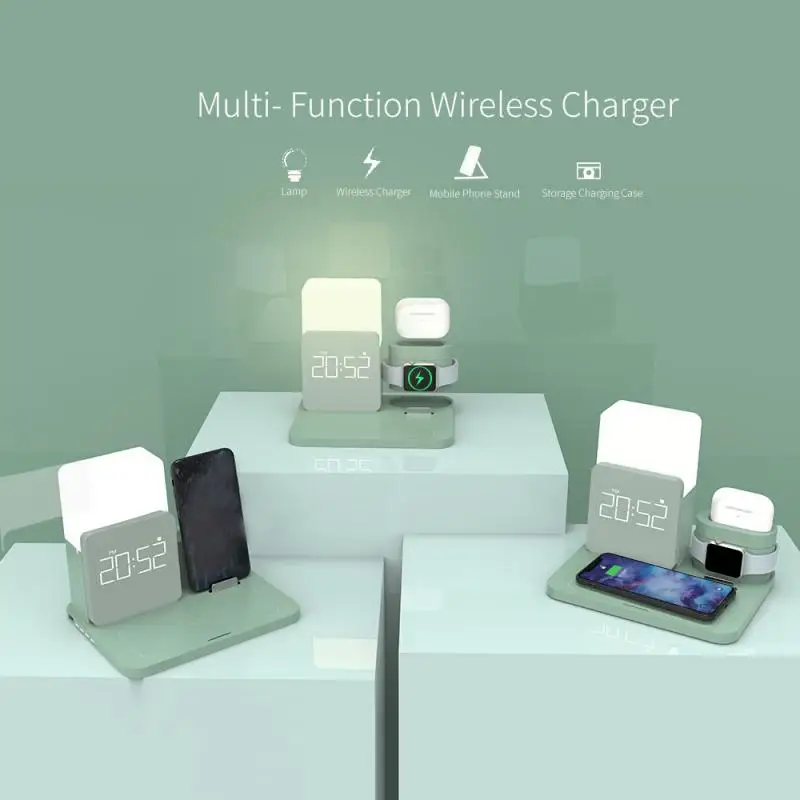 

Многофункциональное Беспроводное зарядное устройство 3 в 1 с ночной настольной лампой, сенсорным управлением и часами для IPhone IWatch и Airpods