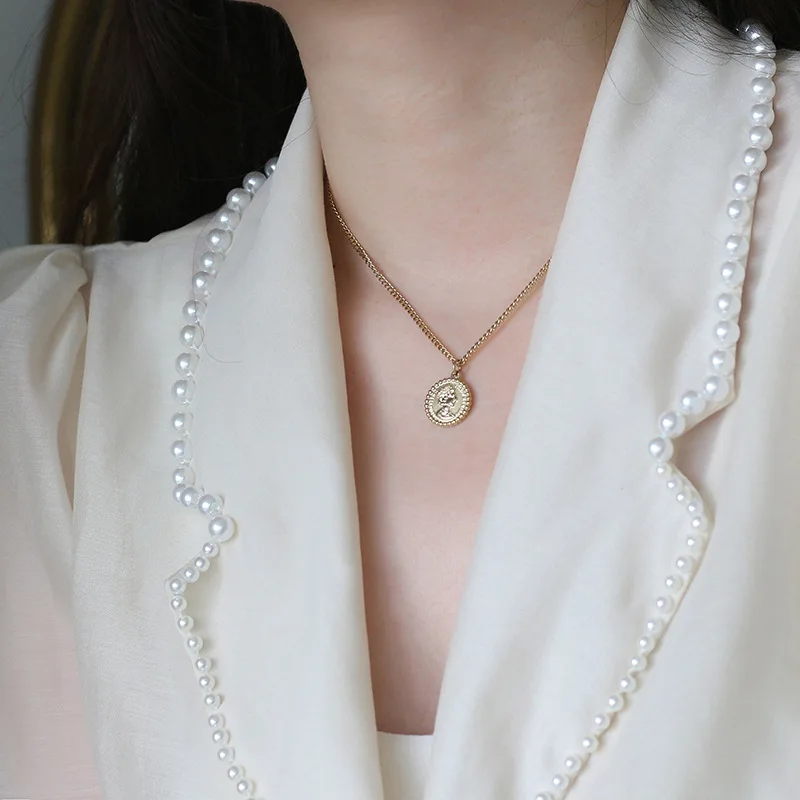 

Timeless Wonder Titanium Layered Portrait Coin Chains Necklace Women Stainless Steel Jewelry Detachable Boho Designer Top 7328