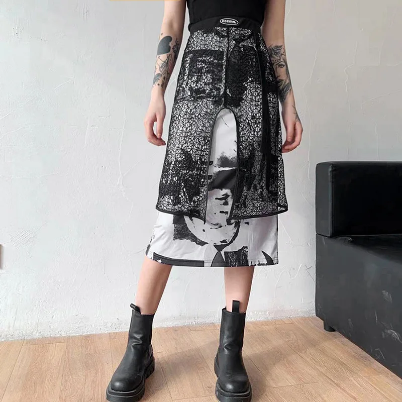 

Gothic Print Mesh Patchwork Stretch High Waist Skirt Y2k Vintage Female Casual Wild Basic Long Skirt Summer Indie Women Fashion