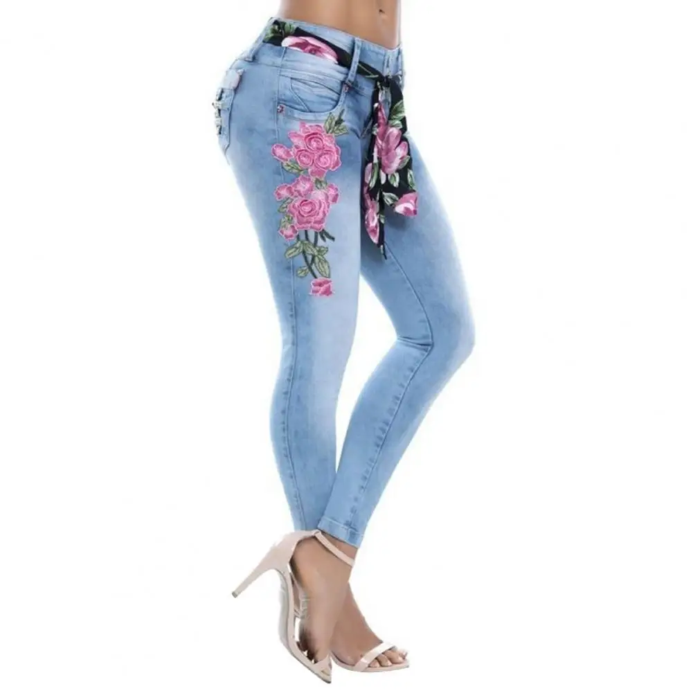 

Hot Sales Jeans High Waist Skin-friendly Denim Women Floral Embroidery Pencil Pants for Office