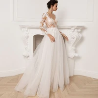 sexy illusion wedding dress scoop neck long sleeves tulle bridal gown button back floor length custom applique %d1%81%d0%b2%d0%b0%d0%b4%d0%b5%d0%b1%d0%bd%d0%be%d0%b5 %d0%bf%d0%bb%d0%b0%d1%82%d1%8c%d0%b5