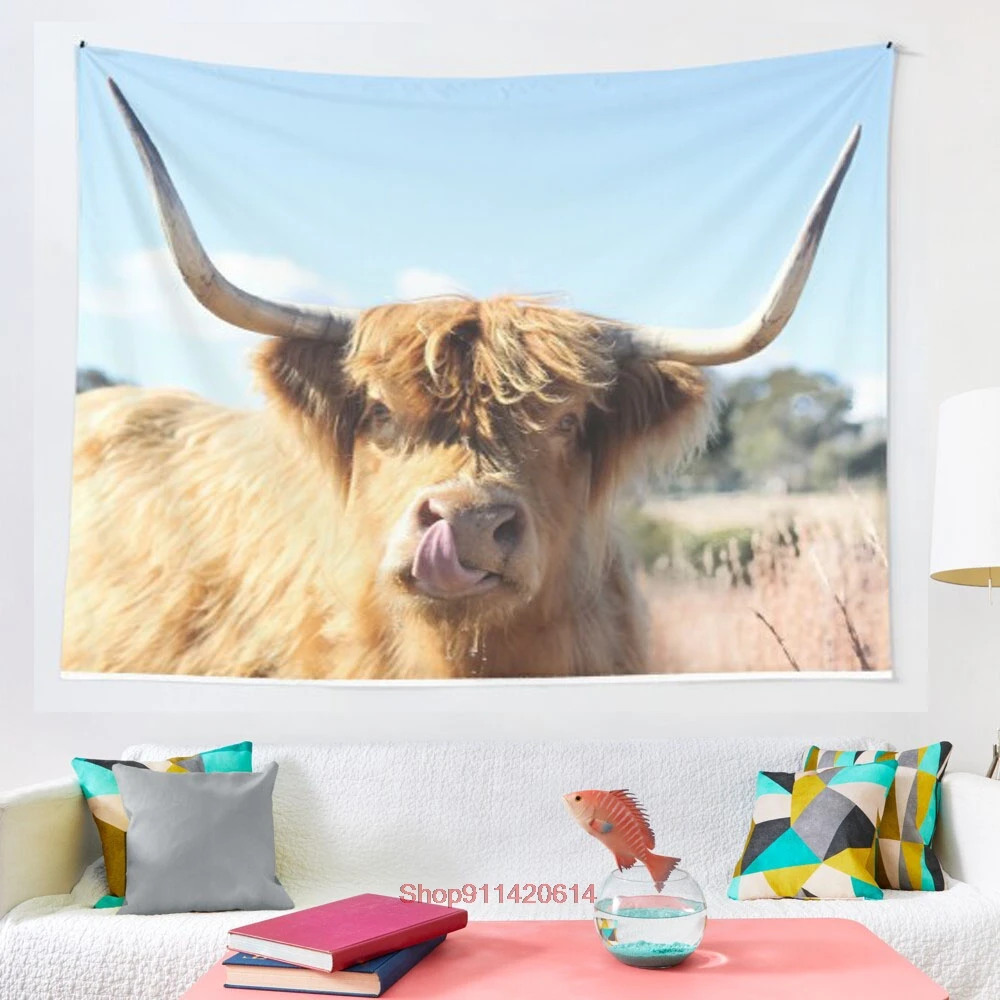 

Tongue out Highland cow tapestry Art Wall Hanging Tapestries for Living Room Home Dorm Decor