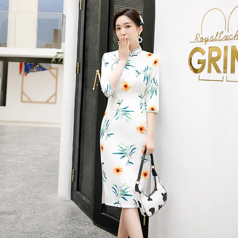 Повседневное традиционное китайское платье Ципао с воротником мандарин рукавом