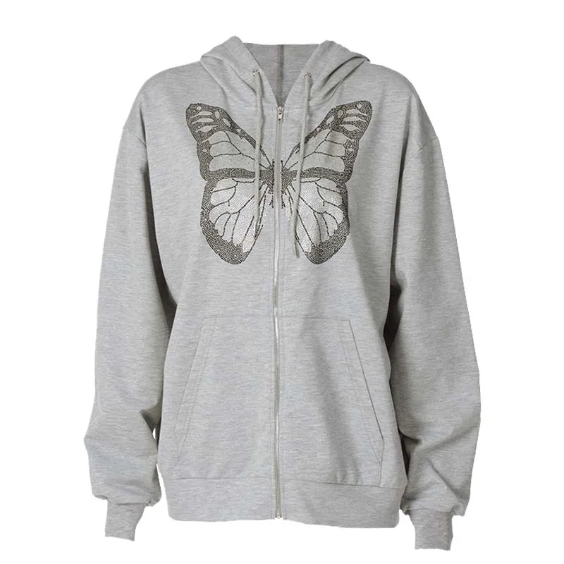 

2021 Autumn Hooded Sweatshirt Women Harajuku Butterfly Pattern Long Sleeve Zip Up Jacket Ladies Streetwear Casual Hoodies