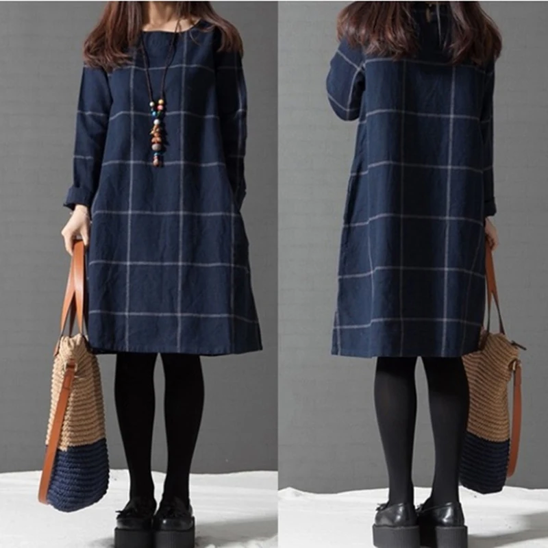

Autumn Winter Casual Women Cotton Linen Plaid T Shirt Dress Vintage Robe Femme Spring Dress Women's Long Sleeve Loose Dresses