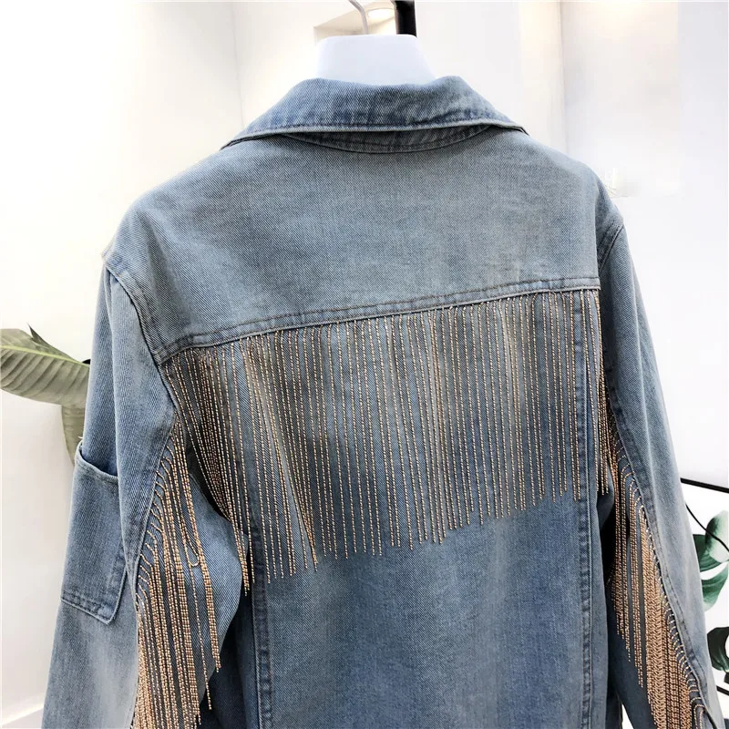 Новая джинсовая куртка с кисточками и блестками женские джинсы Корейская