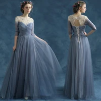 elegant gray blue arabic dubai evening dress sheer neck backless beading formal prom gown vestidos de noiva robe soriee lcnm006