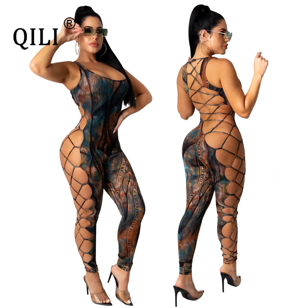 

Женский комбинезон на шнуровке QILI, длинный комбинезон с открытой спиной и рукавами на бретелях, облегающие брюки размера комбинезон для веч...