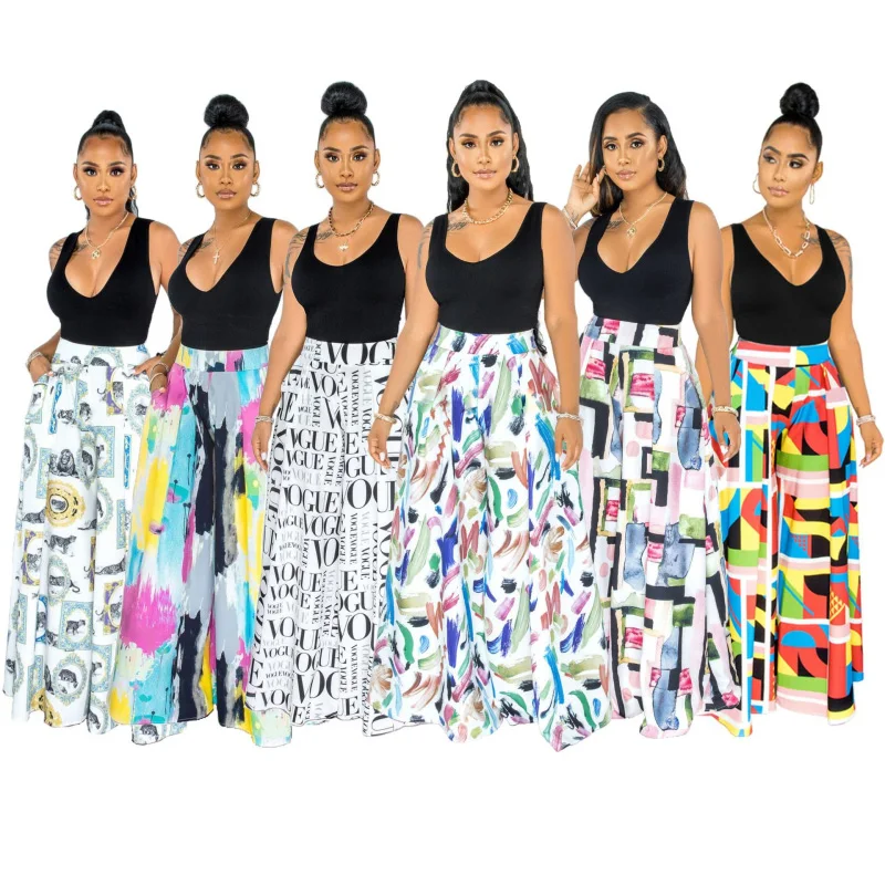 

Women High Waist Flare Wide Leg Pants European and American Tube Printed Casual Trousers