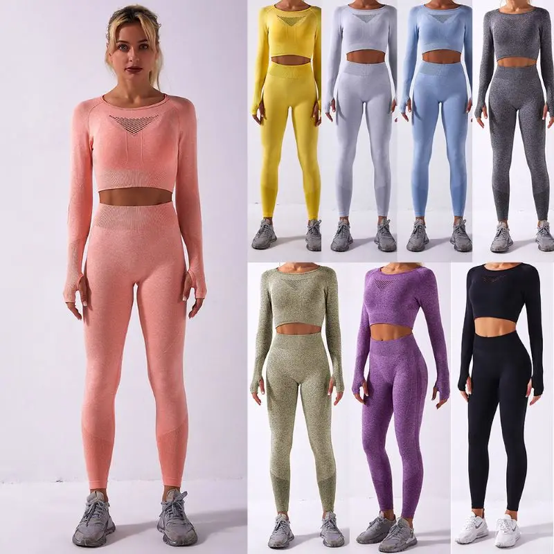 

2021 New seamless long-sleeved pantsuit yoga suit for body-building exercise and fitness