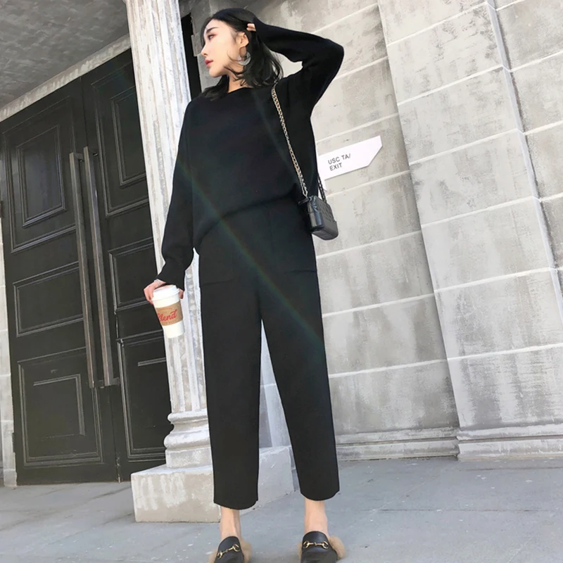 Black Women Outfits Cashmere Sweater Two Piece Sets Tracksuit Autumn Winter Fashion Sweatsuits Sport Suit Female Knit Pant Set - Цвет: Black