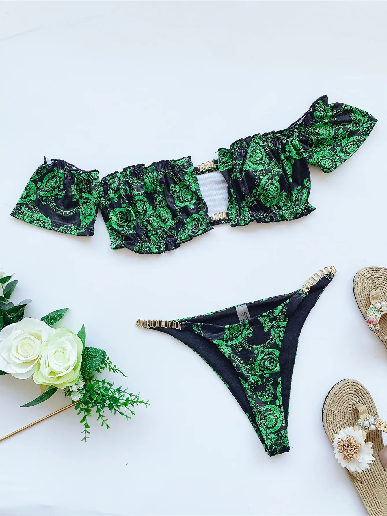 

Storyever Women's Swimwear Summer Beach Sexy Vintage Print Split Swimsuit Hollow Out Leaky Back Feminine Bikini Set