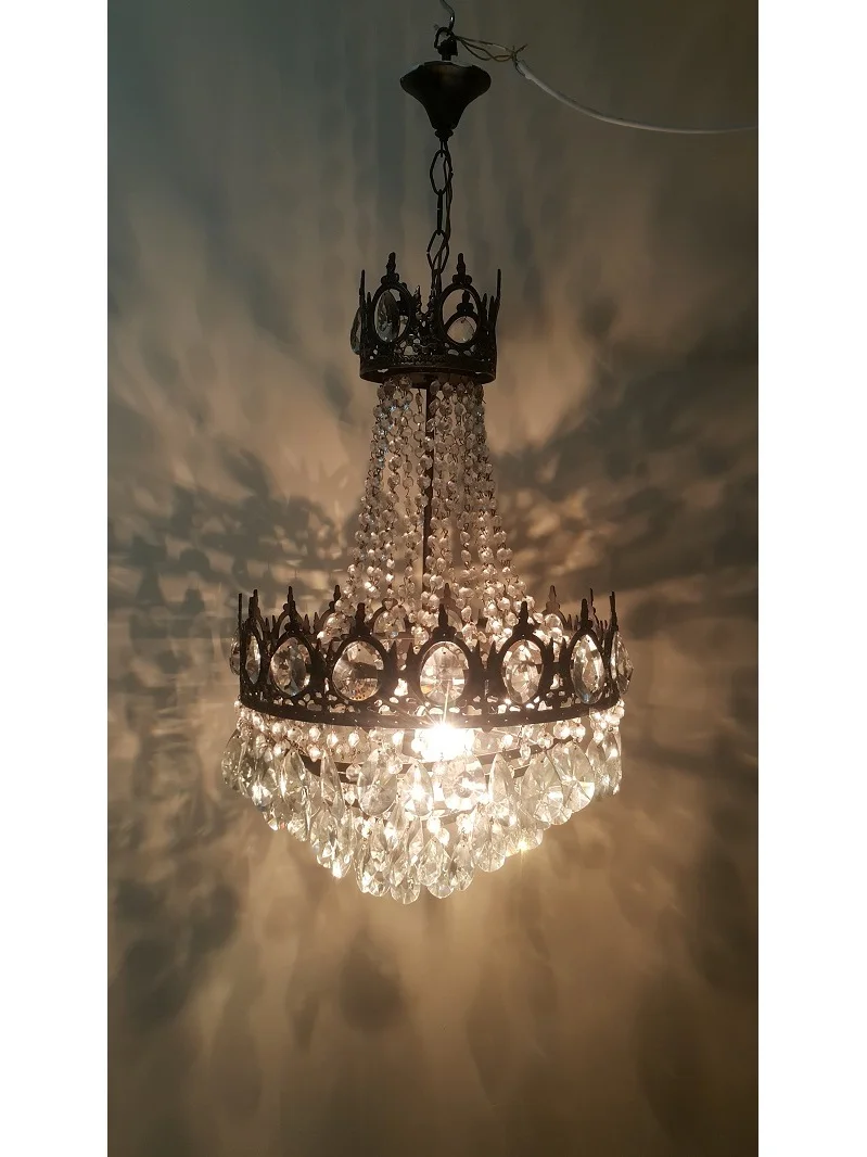 

Antique Vnt French BIG Basket Crystal Chandelier Lamp Lustre 1950's