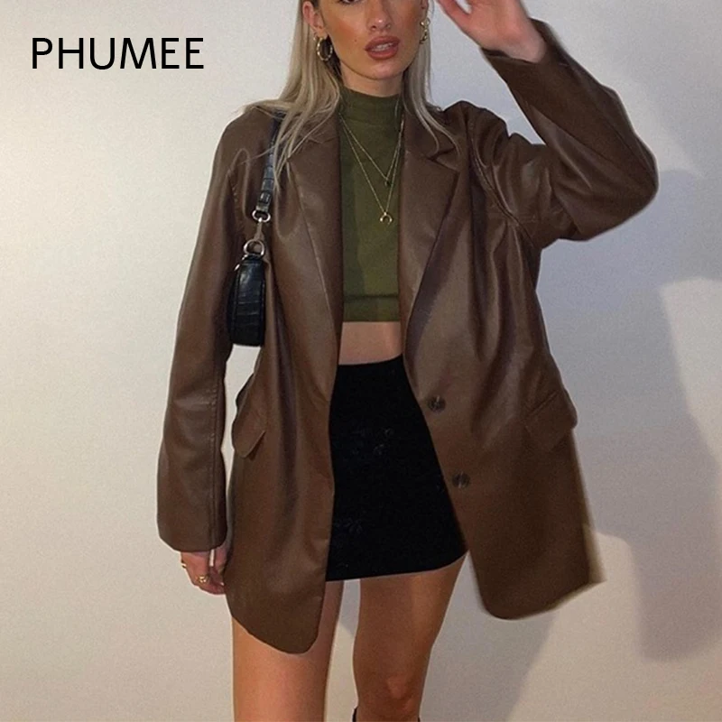 

Fall Winter Street Style Women Pockets Loose PU Leather Jackets Blazer Coats Y2K Clothes Solid Casual Button Outerwear Overcoat