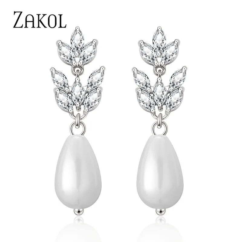Женские серьги-подвески с кристаллами циркония ZAKOL имитацией жемчуга Листьев