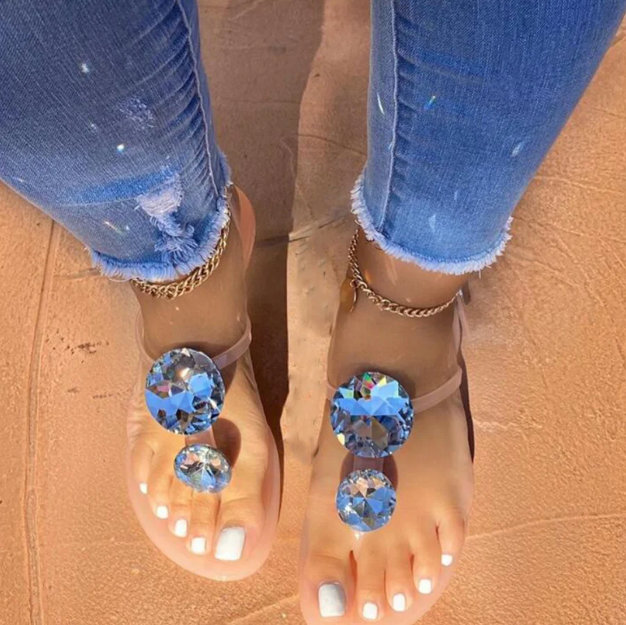 Женские модные пляжные сандалии на плоской подошве с яркими стразами Новинка 2020