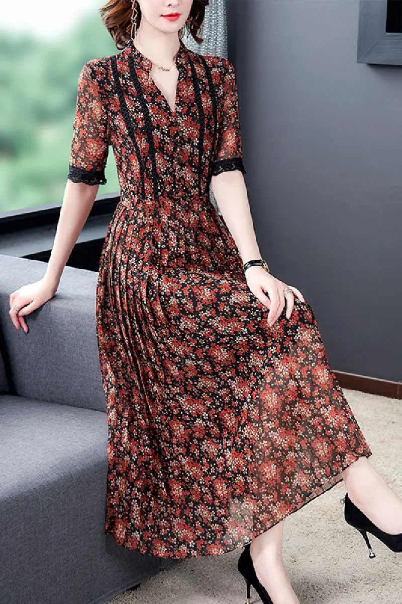 

COIGARSAM 3XL Plus Size French Style Chiffon Women dress New Spring Vintage Floral Print Belt High Waist Dresses 9029