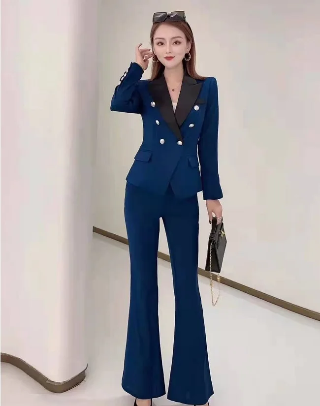 

High Quality Blazer Suits & Sets 2021 Spring Business Woman Notched Collar Double Breasted Blazer Coat+Flare Leg Pant Set Female