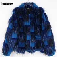 nerazzurri winter short blue thick warm shaggy patchwork faux fur coat women long sleeve 2021 fluffy furry jacket fashion style