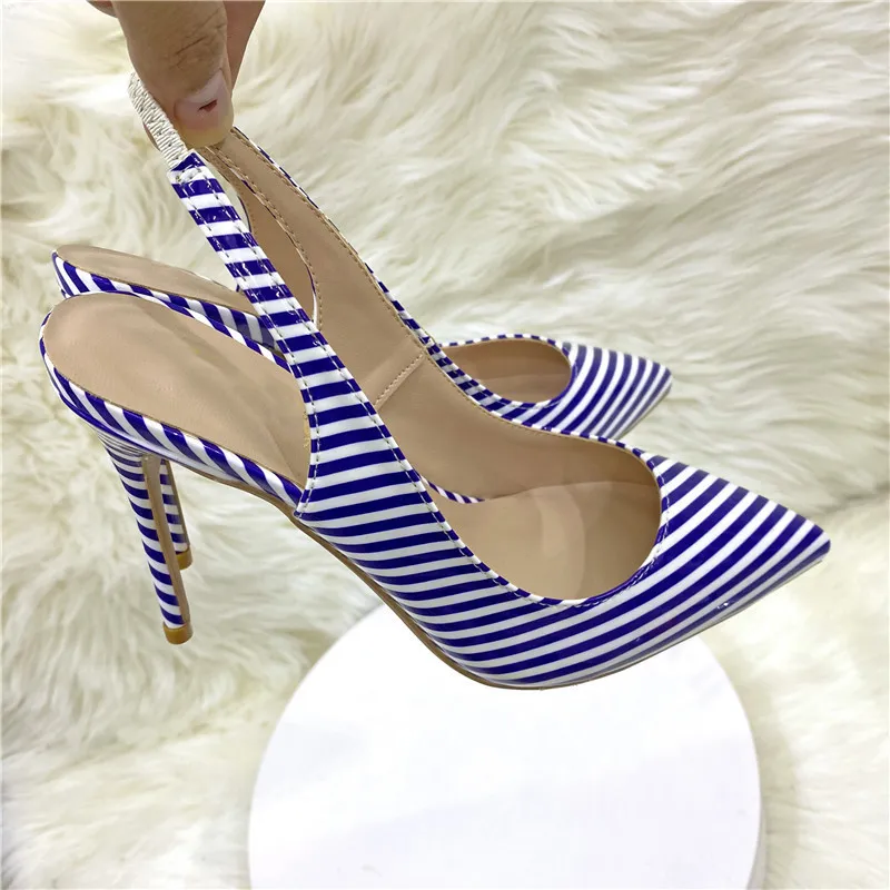 

Blue Striped Slingbacks Patent Leather Pumps Pointed Toe Stiletto Heels Slip On Shallow Mouth High Heel Formal Dress Shoes Women