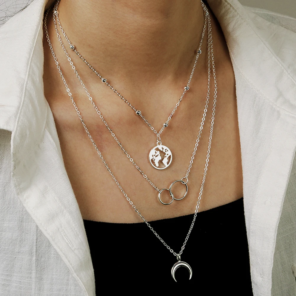 

Vintage Silver Color Moon Map Pendant Necklace Bohemian Circle Geometry Layered Collar Necklace Fashion Women Jewelry