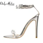 Onlymaker женская обувь серебристого цвета с острым носком; Тонкий высокий каблук Стразы сандалии Украшенные Ремешок на щиколотке ремешками сандалии под платье, для вечеринки