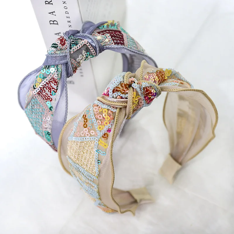 Ободок для волос женский кружевной широкая лента с блестками аксессуар на голову