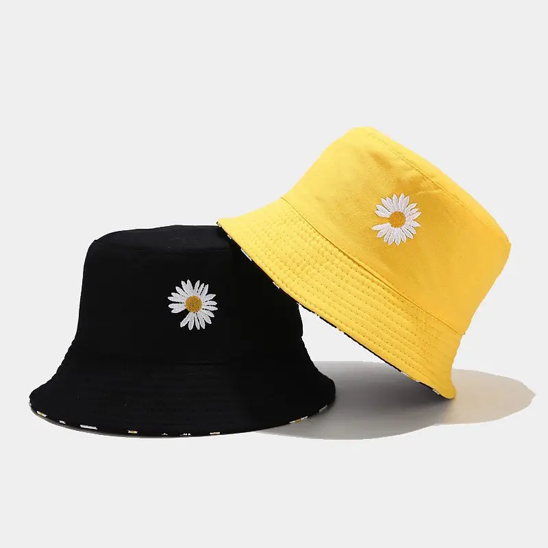 

New small daisy embroidery fisherman hat double-sided wearable bucket hat summer outdoor sunshade sunscreen hat casual hats