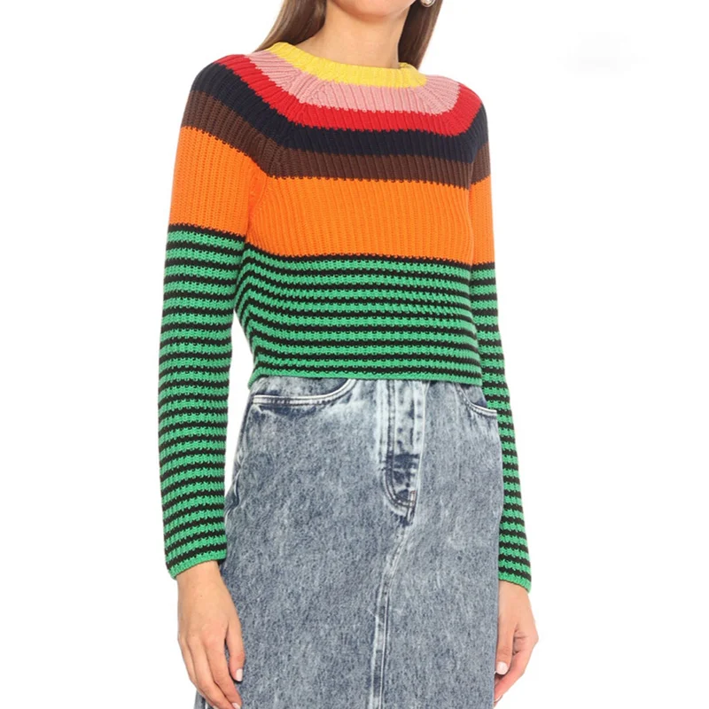 

2021 Runway Women Cropped Sweater Retro Green Striped Autumn Winter Jumper Knitted Pullover Female Knitwear Sueter mujer