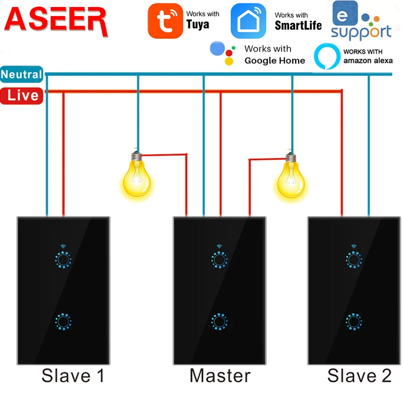 ASEER Tuya/Ewelink 1-2-3-4Gang 3 way Smart control сенсорный wifi переключатель умный светильник
