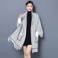 autumnwinter cardigan woman sweaters faux mink houndstooth cape lady england fashion tassel shawl women nice knitted tops scarf