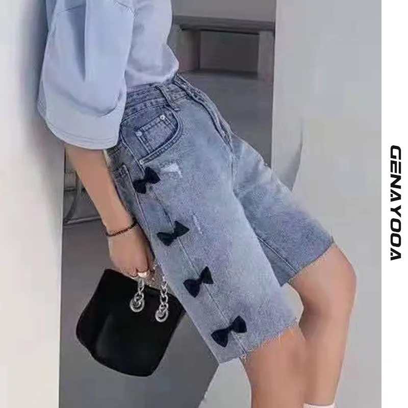 Genayooa Summer Jeans Shorts Women Hight Waist Streetwear Biker Shorts Women Fashion Loose Bow Hot Pants Femme 2021 Korean Chic