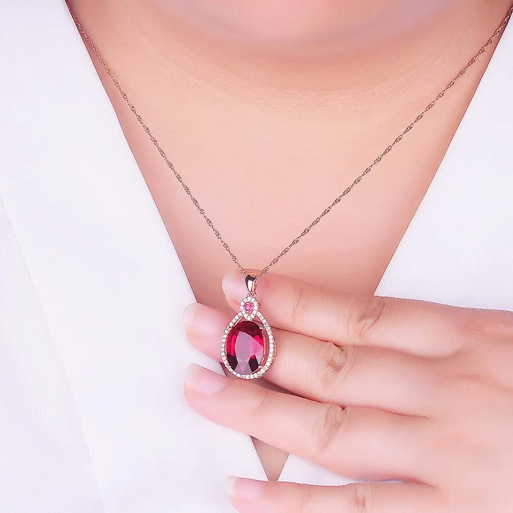

Water drop red crystal ruby gemstones diamonds pendant necklaces for women rose gold tone jewelry choker chain bijoux party gift