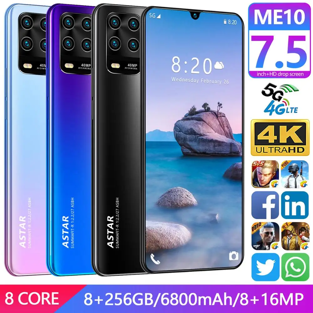 

Global Version ME10 Smartphone 16MP Android 6800mAh MKT6799 7.5 Inch Large Screen 2021 Four Cameras Send Mobile Phone Case