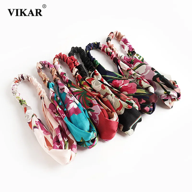 VIKAR Women Satin Geranium Print Headband Hair Accessories Elastic Band Bandanas Hairbands Headwrap Sweet Knotted Headwear |
