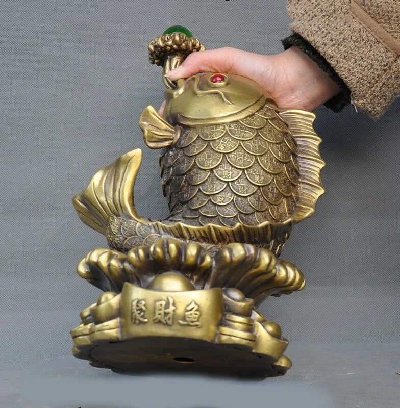 

wedding decoration China brass Feng Shui auspicious lucky wealth yuanbao coin fish goldfish statue